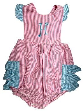 SmockaDot Kids pink and blue seersucker monogram H ruffle bubble romper 24mo